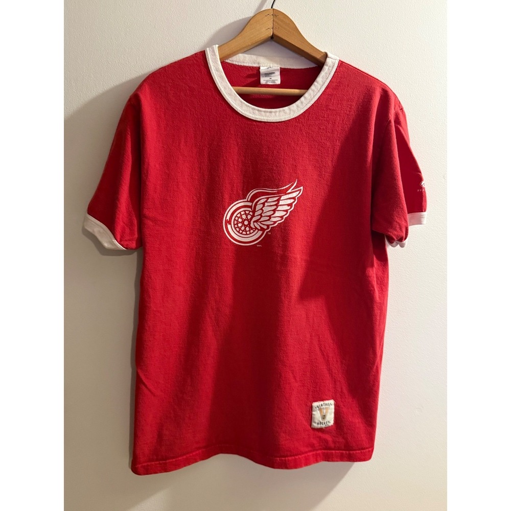 Vintage Detroit Red Wings Ringer Tee Mens Medium Red Bulletin Hockey NHL Shirt